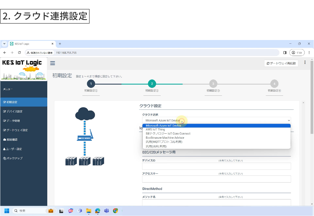 GUI(設定画面)にアクセスし、SIMと送信先クラウドの情報を入力